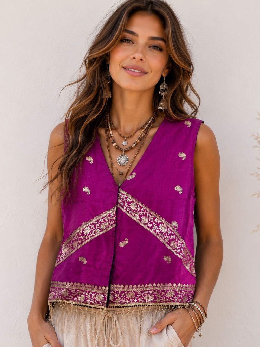 Handmade Indian Silk Embroidered Vest Gold Brocade Fringe Boho Festival Top
